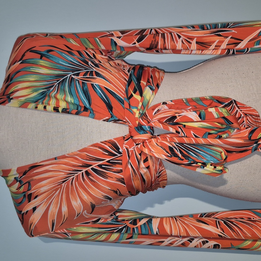 Vibrant Leaf Print Tie-Front Blouse